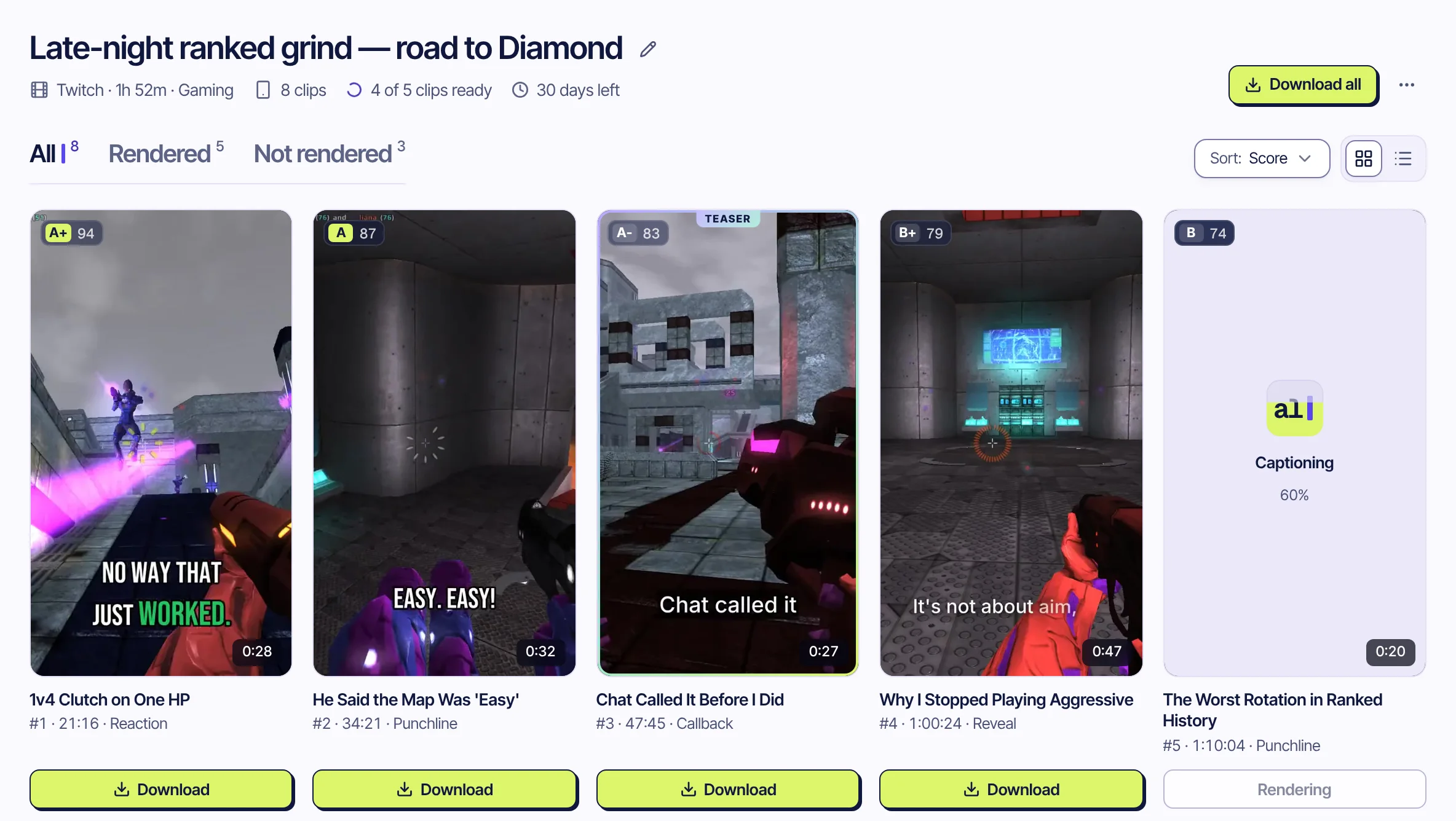 The same stream's clips as a grid of vertical gameplay clips with captions and grade badges, a teaser label on one, and a Download button under each.