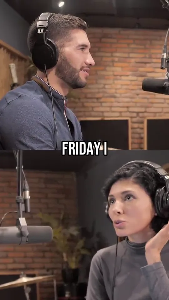 Host above and guest below in a split screen, with the caption “Friday I”