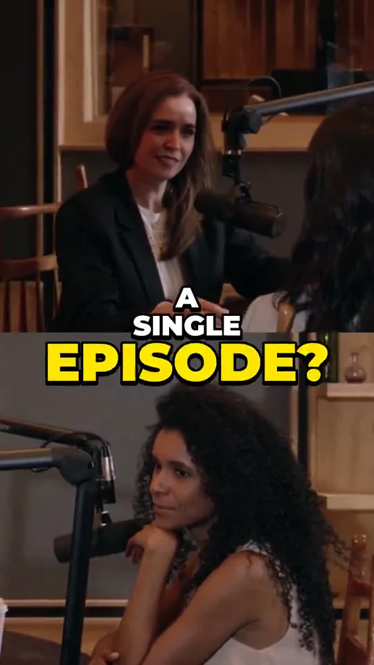 Two women at a podcast table, one above the other, with the caption “a single episode?”