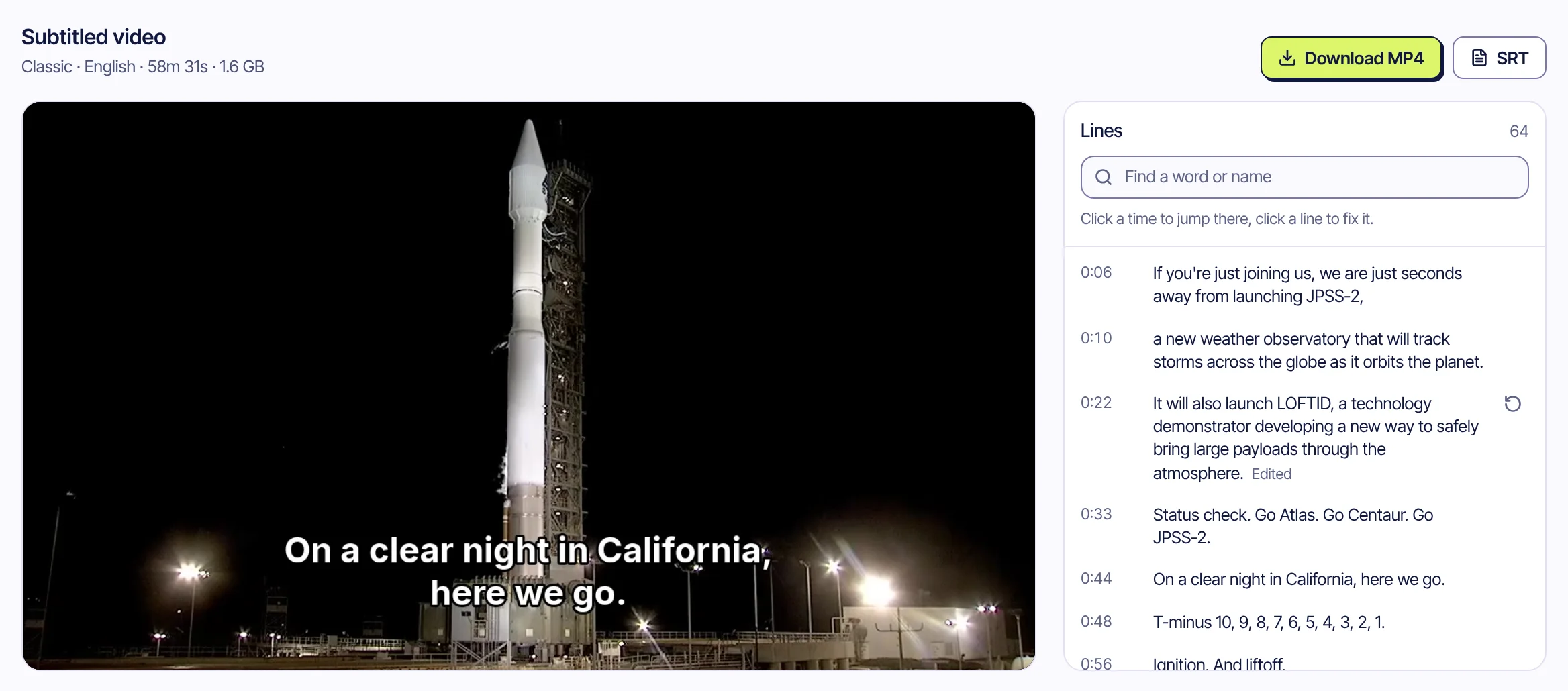 A launch replay rendered with subtitles burned in over a rocket on its pad at night, Download MP4 and SRT buttons, and the list of subtitle lines next to the video, one name corrected and marked Edited.