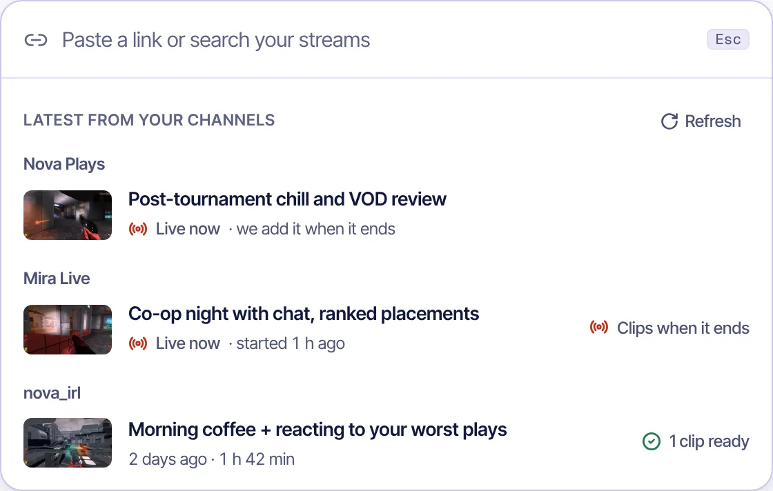 The New VOD panel listing the latest gameplay streams from saved channels: one live stream is added when it ends, another is marked Clips when it ends, an older one has a clip ready.