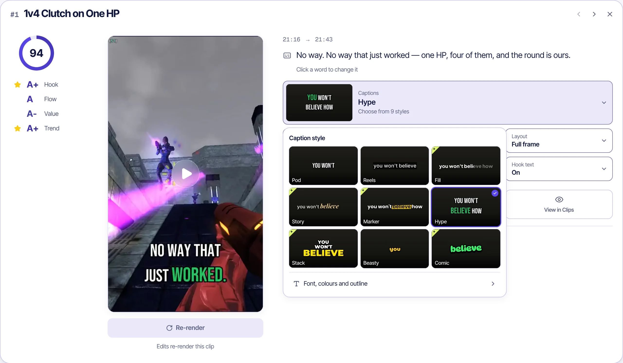 A clip open in Audience Labs: its score and Hook, Flow, Value and Trend grades, the vertical clip with captions, and the caption style picker with nine styles.