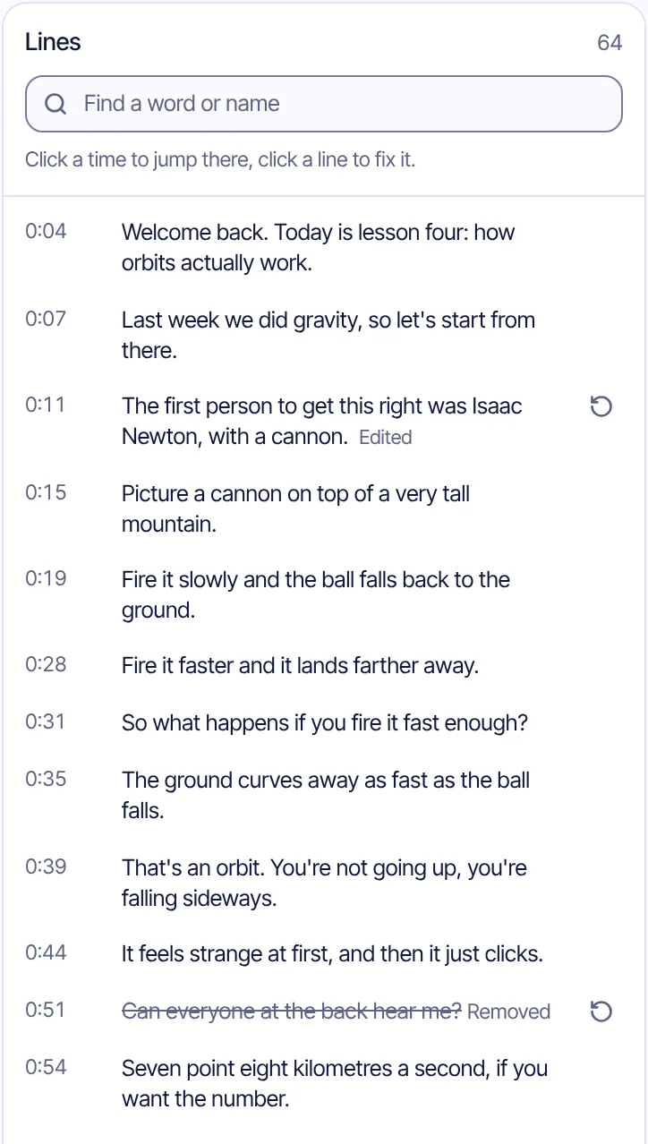 The subtitle line editor of a physics lecture: timed lines, one name corrected and marked Edited, one aside marked Removed.
