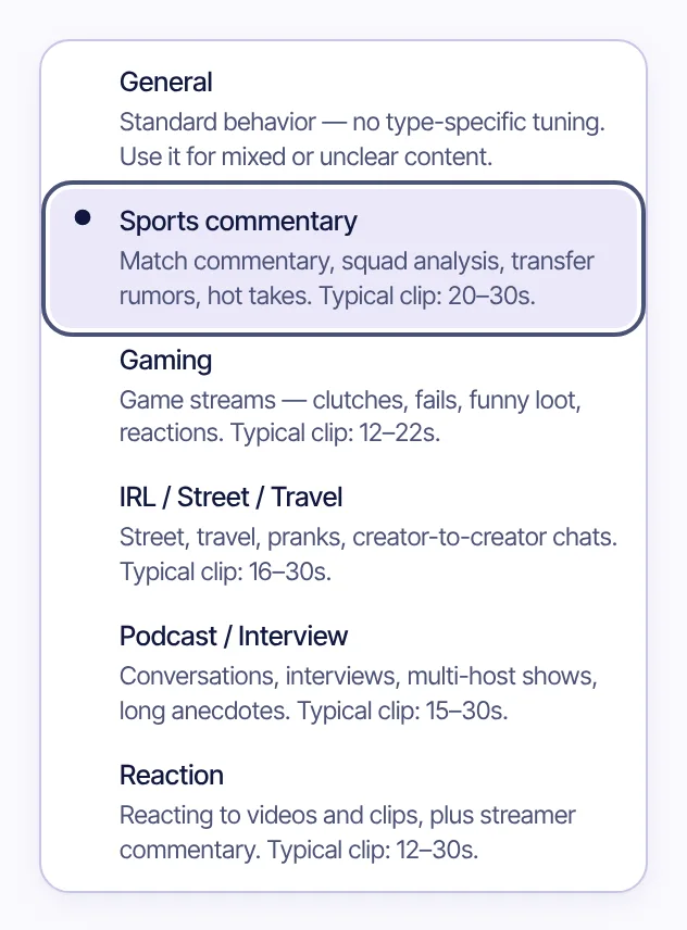 The content type menu with Sports commentary picked: match commentary, squad analysis, transfer rumors, hot takes, typical clip 20 to 30 seconds.