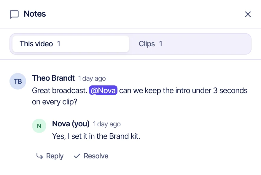 A team video's notes: Theo Brandt mentions Nova and asks to keep the intro under 3 seconds on every clip, and Nova replies that she set it in the Brand kit.